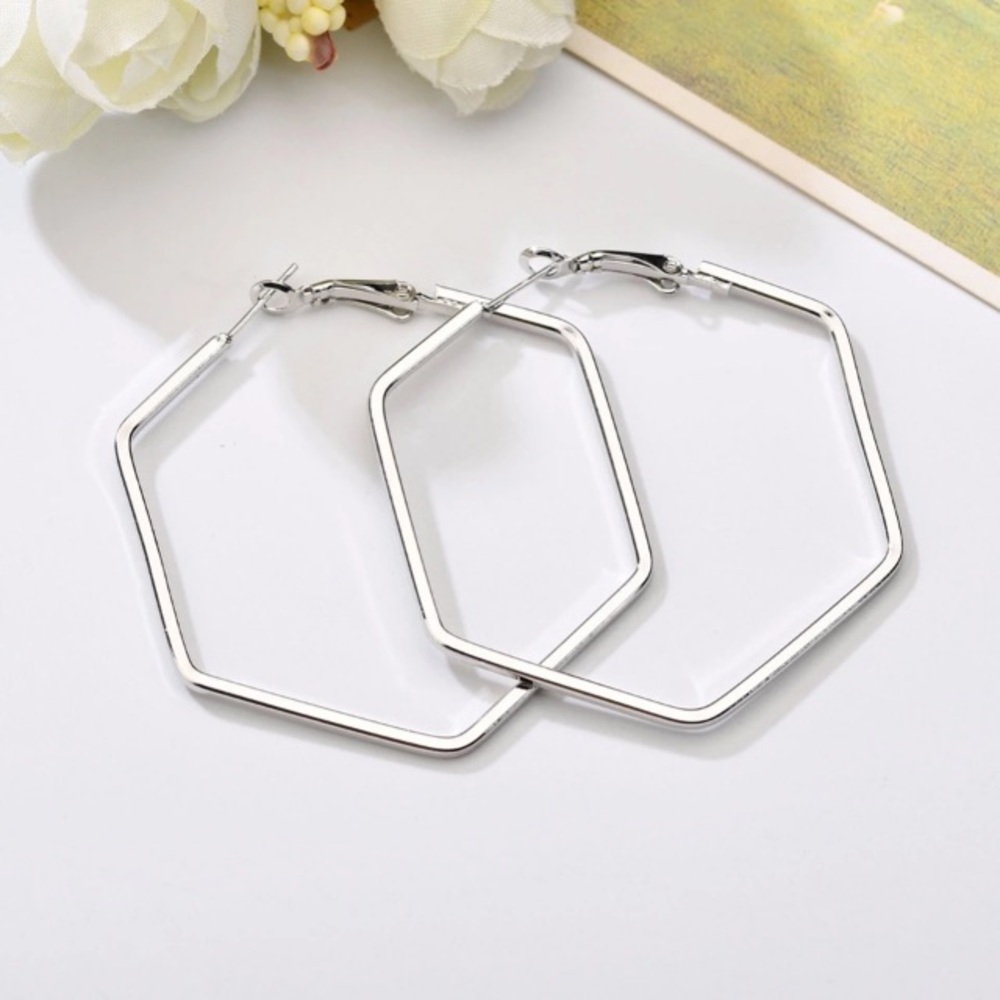 NEW!💙💎HEXAGON! AWESOME HOOPS!💎💙SILVERY MODERN! - Picture 3 of 8